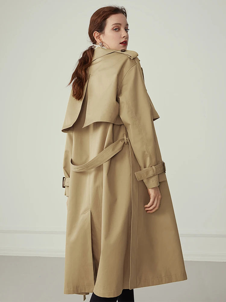 FSLE 100% Cotton Khaki Long Women Trench Coat Autumn Winter Turn Down Collar Women Clothes Causal Full Sleeve Belt Trench