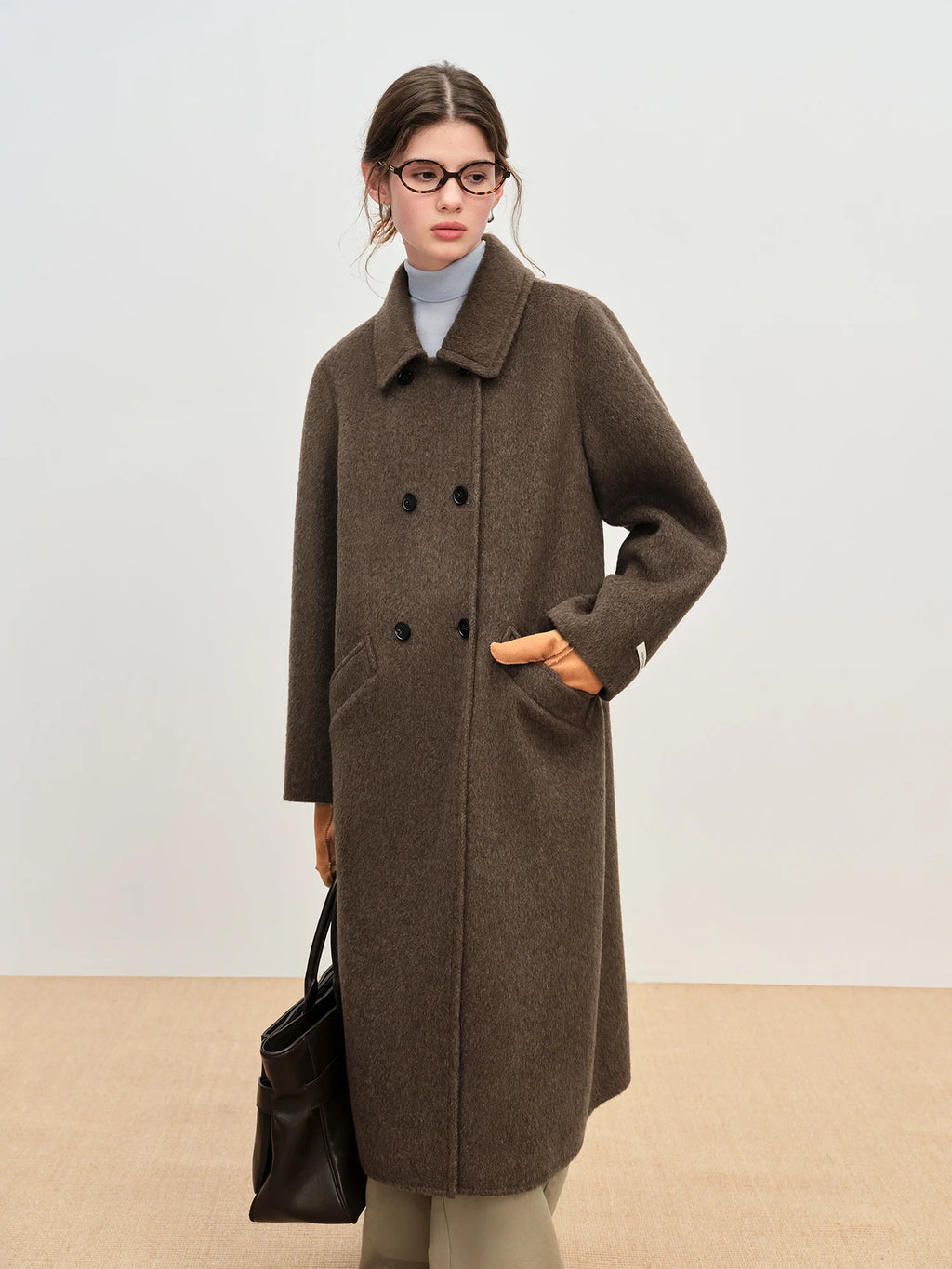 FSLE 2025 Women's Yak Wool Blend Coat - Peter Pan Collar Double Breasted Winter Trench with Flattering Silhouette Office Elegant