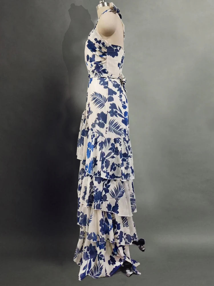 VGH Print Tierred Long Dresses For Women Halter Sleeveless High Waist Off Shoulder Hollow Out Long Casual Dress Female Fashion
