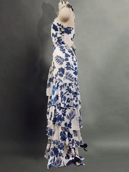 VGH Print Tierred Long Dresses For Women Halter Sleeveless High Waist Off Shoulder Hollow Out Long Casual Dress Female Fashion