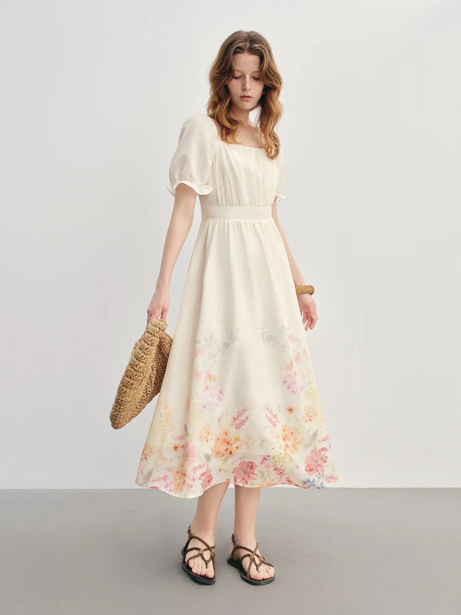DUSHU 2025 Summer Textured Floral Dress - Regal Bubble Sleeve Fluid Silhouette Resort to Office