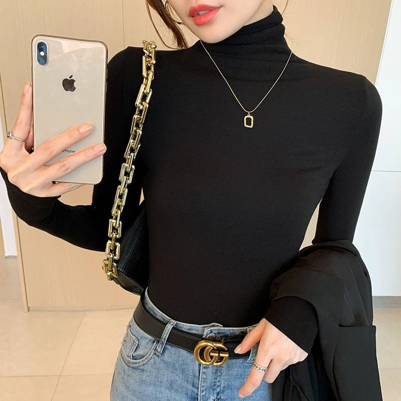 Turtleneck Undershirt Women Thin Velvet Milky White Slim Long Sleeve Pullover Korean Fashion Simple Casual Autumn Elegant Tops