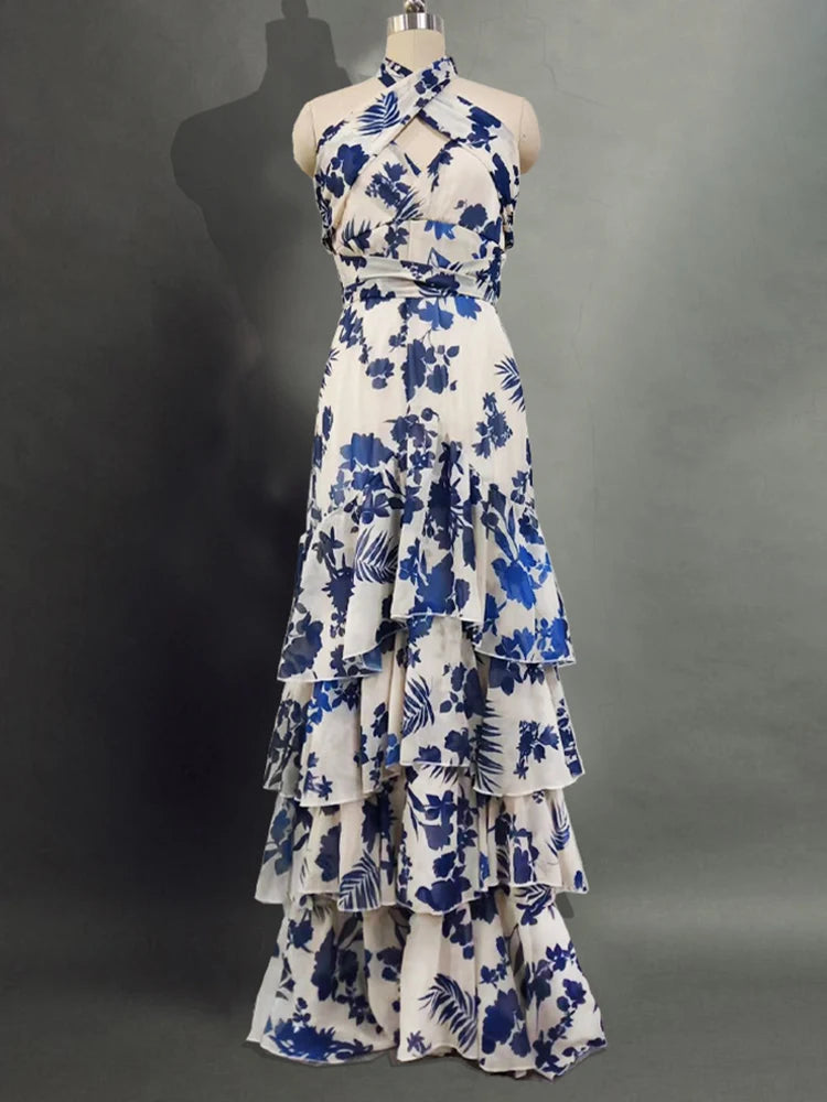 VGH Print Tierred Long Dresses For Women Halter Sleeveless High Waist Off Shoulder Hollow Out Long Casual Dress Female Fashion