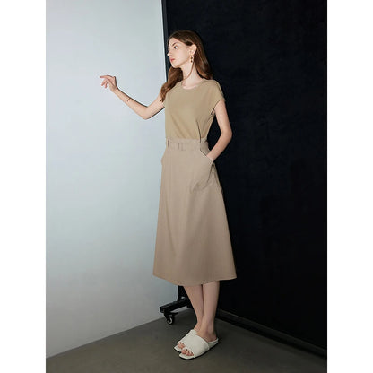 TOYOUTH Women Sleeveless Dress 2024 Summer New Spliced Casual Style Silk Cotton Pocket Mid length Dress With Waistband Coffee