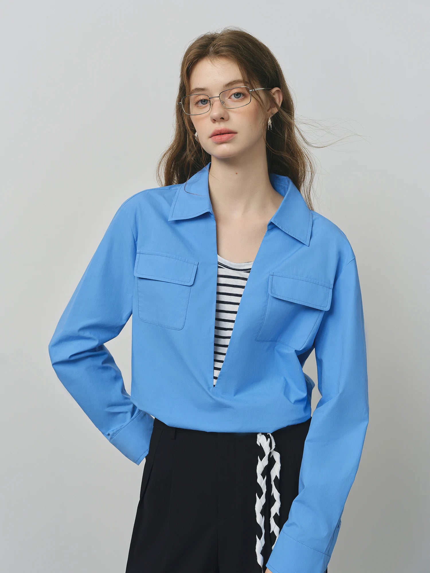 FSLE 2025 Women's Color Block False Two-Piece Shirt - Pullover Office Casual Blouse Autumn Loose Fit Top with Layered Design
