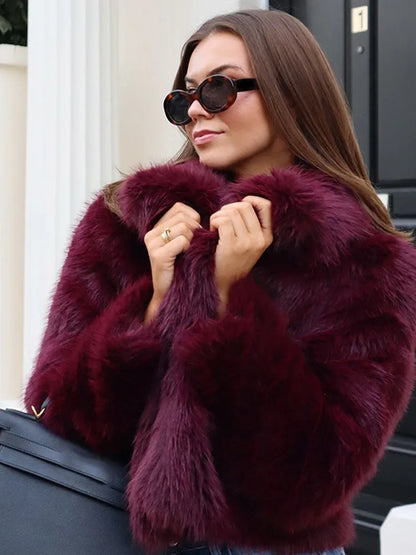 Retro Burgundy Flip Collar Long Sleeves Short Warm Coat Elegant Solid Color Loose Faux Fur Jacket New Woman High Street Coats