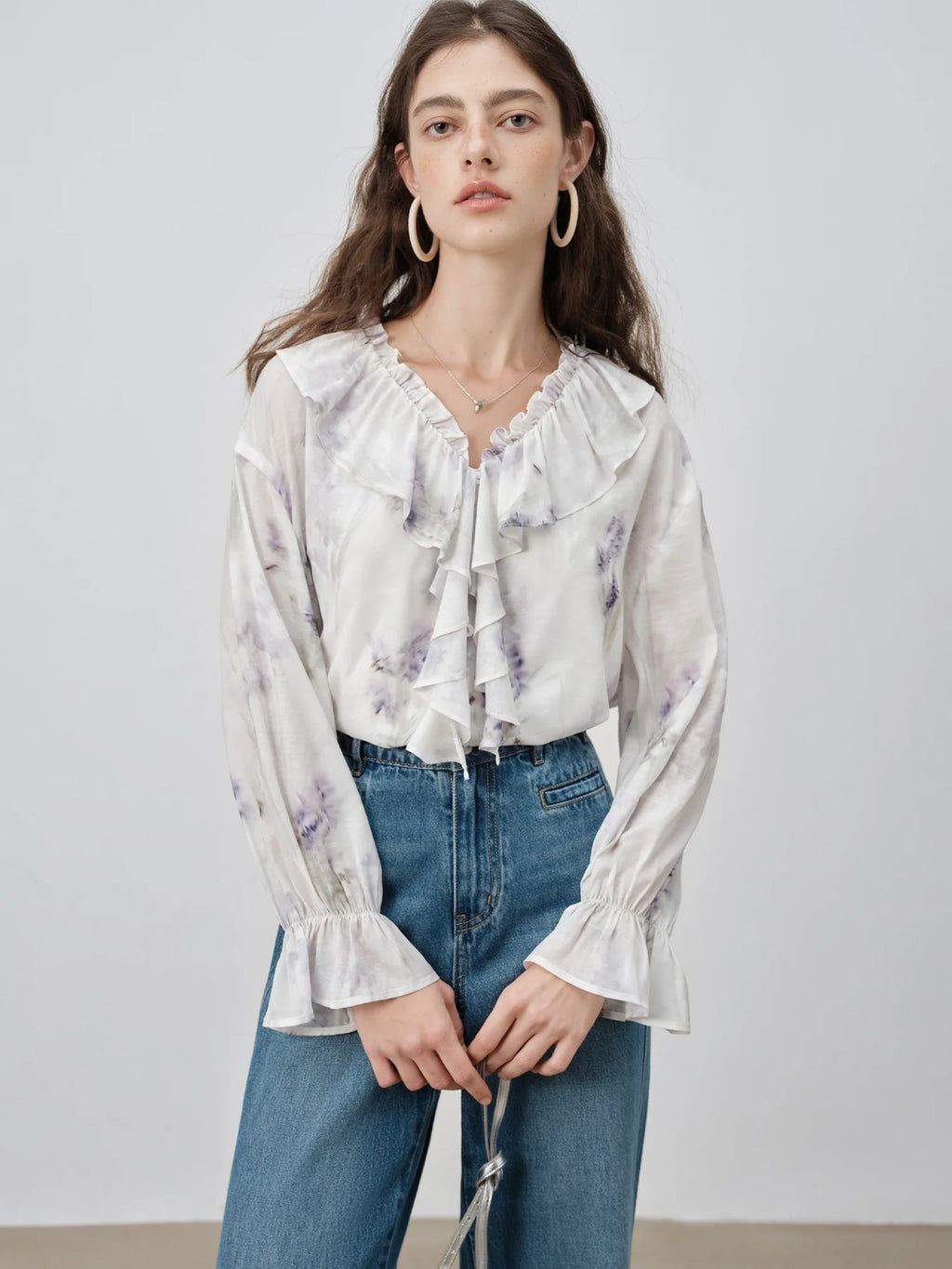 ZIQIAO 2025 Summer Petite Women Wisteria Floral Print V-Neck Blouse - Flowy Draped Ruffle Trim Sleeve Shirt for Elegant Outfits