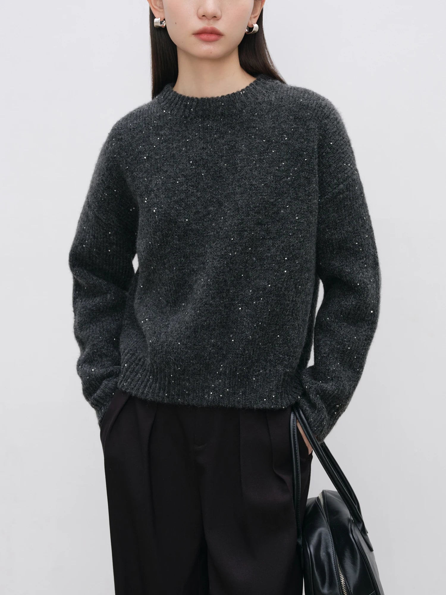 ZIQIAO Petite Size Bead Starry Sky Sweater Women's 2024 Autumn/Winter New Style Lazy Shoulder Sleeve Hoodie Top 24ZQ94145