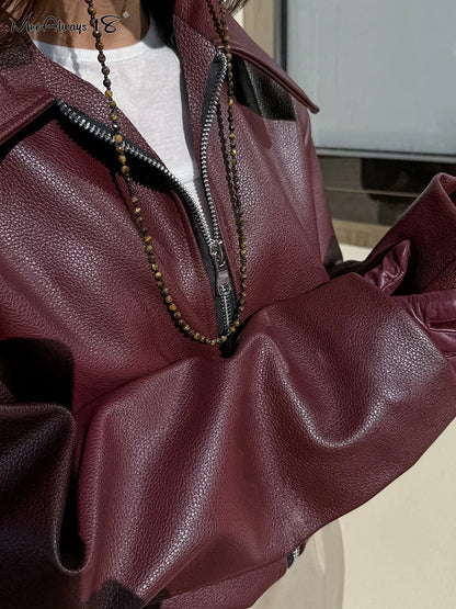 Mnealways18 Wine Red Faux Leather Fashion Outerwear 2024 Thicken Zipper Turn Down Collar Pu Coats Winter Street Style Ladies Top