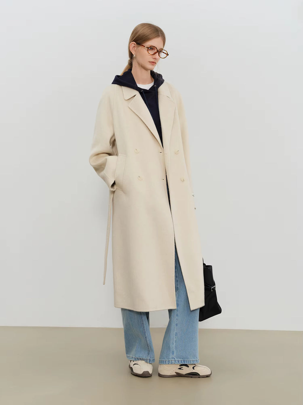 Crafty Studio Petite Women's White Camel Wool Coat with Double Faced Design 2025 Winter New Collection Wool