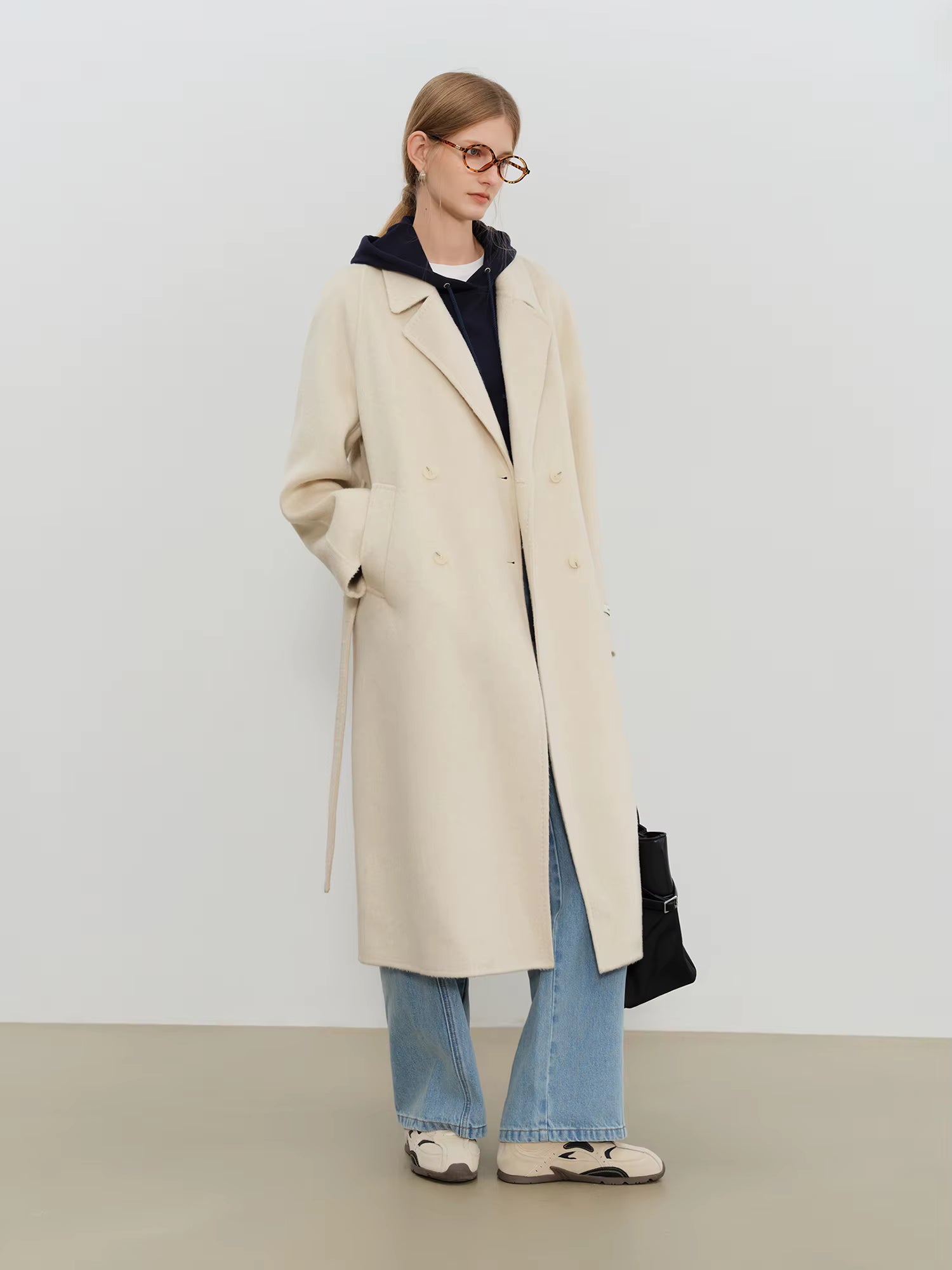 Crafty Studio Petite Women's White Camel Wool Coat with Double Faced Design 2025 Winter New Collection Wool
