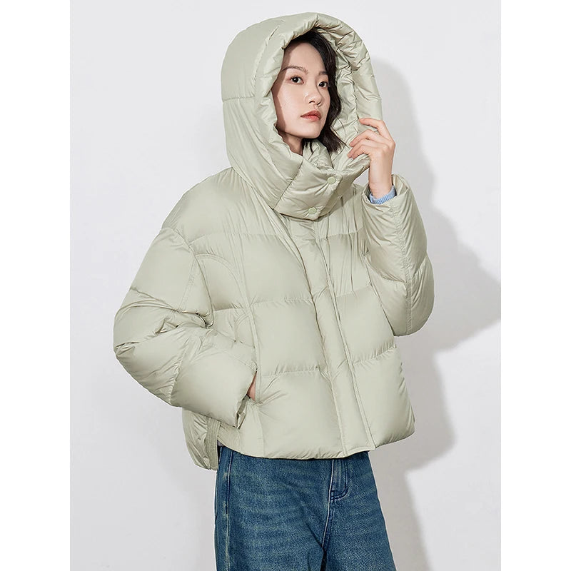 TOYOUTH Women Down Jacket 2024 Autumn and Winter 90% White Duck Down Stand up Collar Hooded Jacket Coat