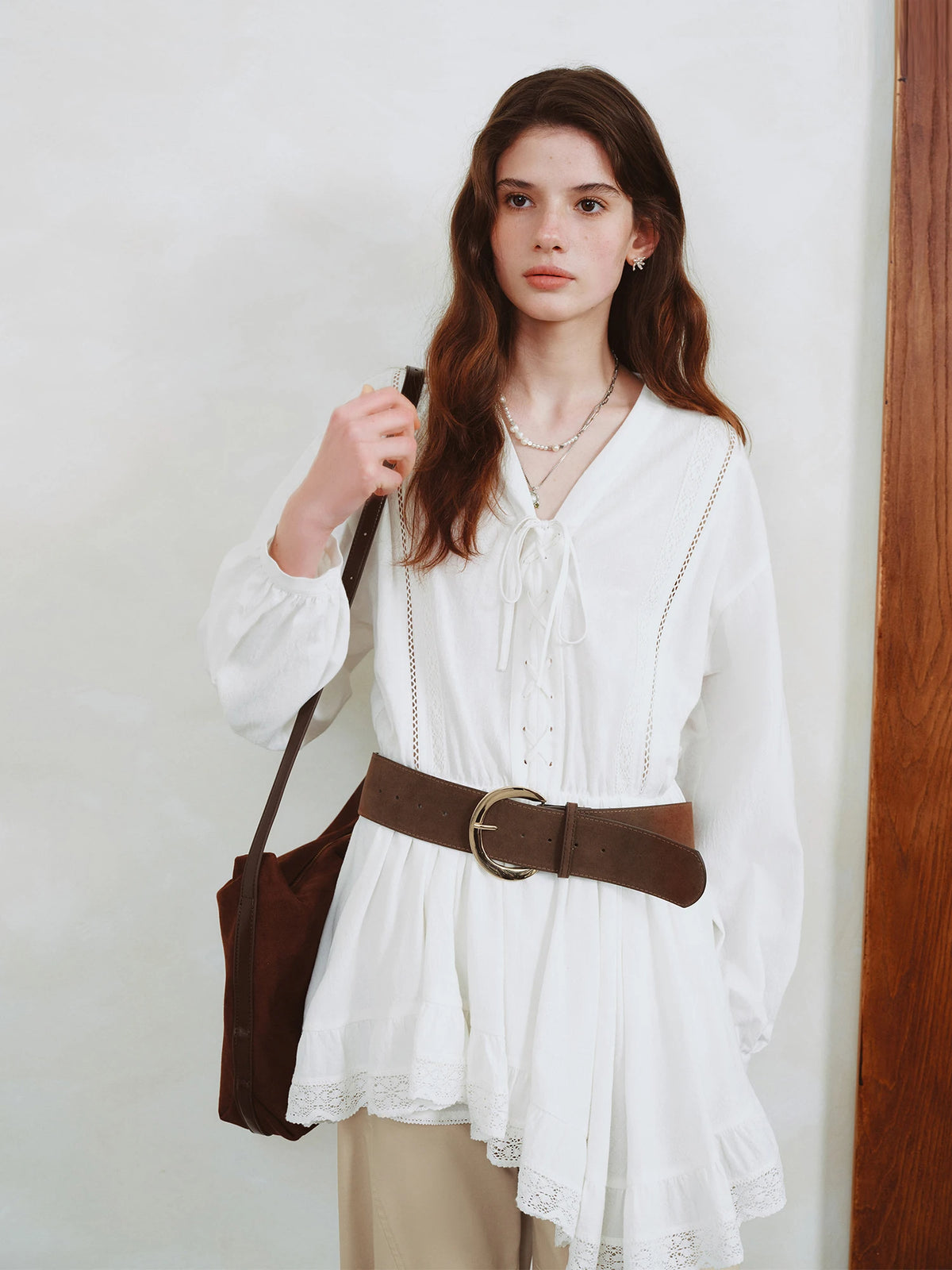 FSLE Fresh Resort Long-Sleeve Lace Appliqué Women's Dress New Autumn 2025 Short Hem Skirt Dresses Without Belt