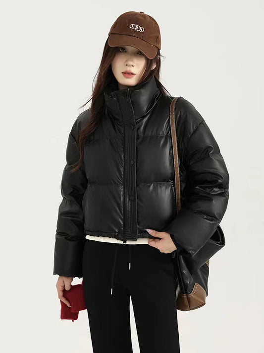 Winter Warm Short Parkas Women Y2K Fashion Pu Leather Crop Puffer Jacket Female Loose Streetwear Zipper Long Sleeve Down Coats