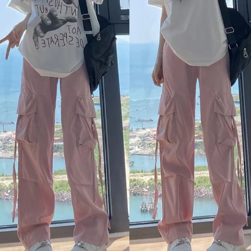 2024 Women Summer Casual Wide Leg Daily Pants Lady Fashion Streetwear Korean Style Trousers Female Baggy Versatile Pink Slacks