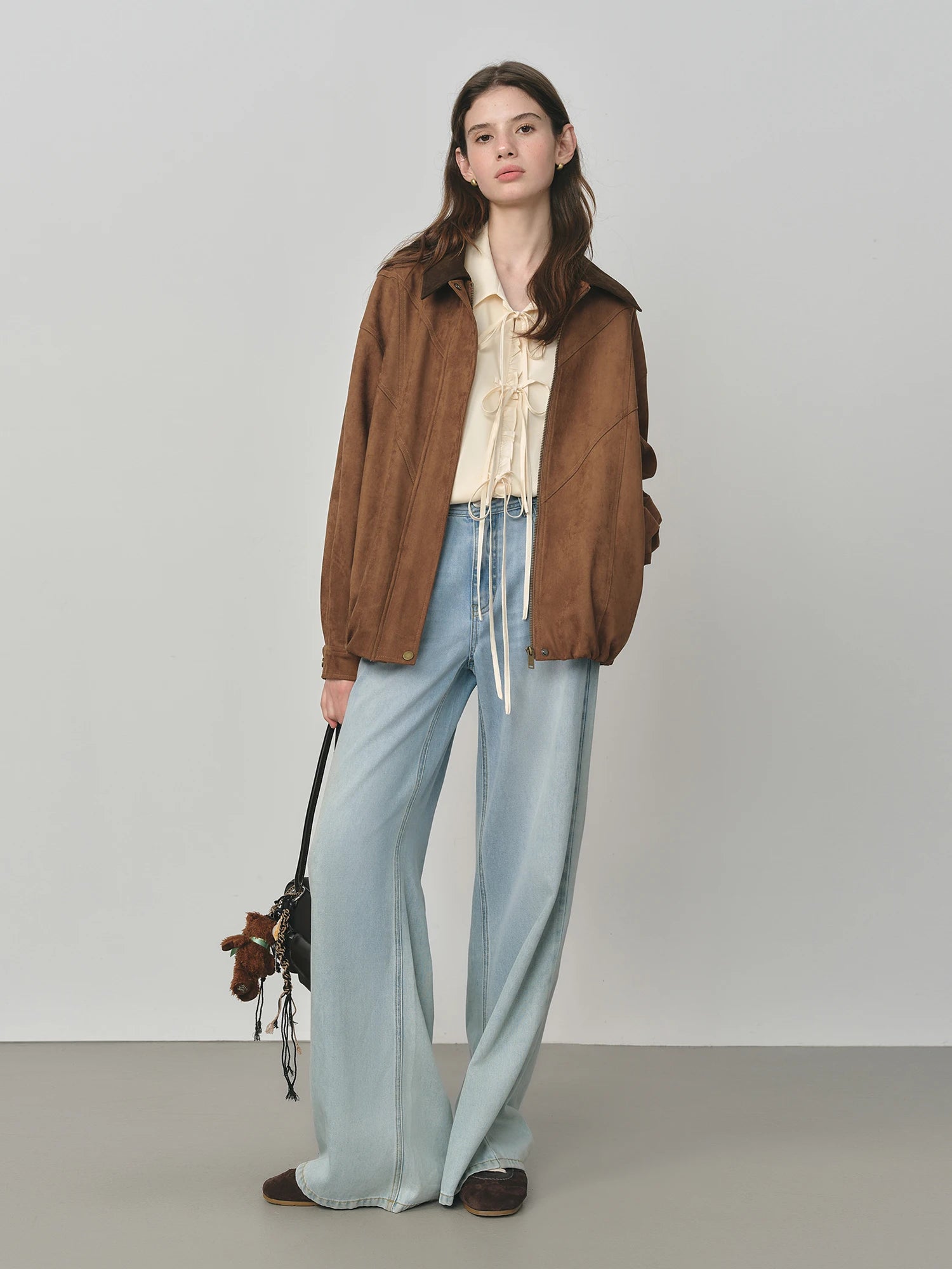 FSLE Retro Style Maillard Suede Long Sleeves Jacket for Women 2025 Autumn New Arrival Contrast Color Lapel Chic Coat