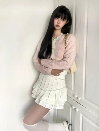 Deeptown Korean Fashion Pink Cropped Cardigan Women Kpop Sweet Girl Knitted Sweater Bow Coquette Aesthetic Long Sleeve Tops New