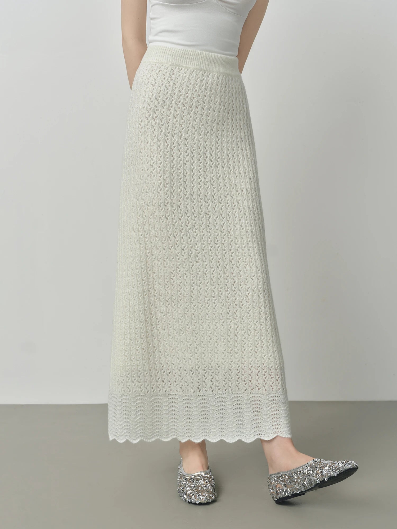 FSLE One-shoulder White Fairy Knitted Suit Set for Women Autumn 2025 New Hollow Wool Knitted Sweater