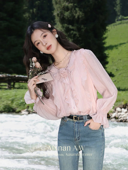 ALXNAN Women Frenchy Temperament Shirt Fashion Three-dimensional Flower Decoration Flare Sleeve V-neck Women's Fall Shirt L39307