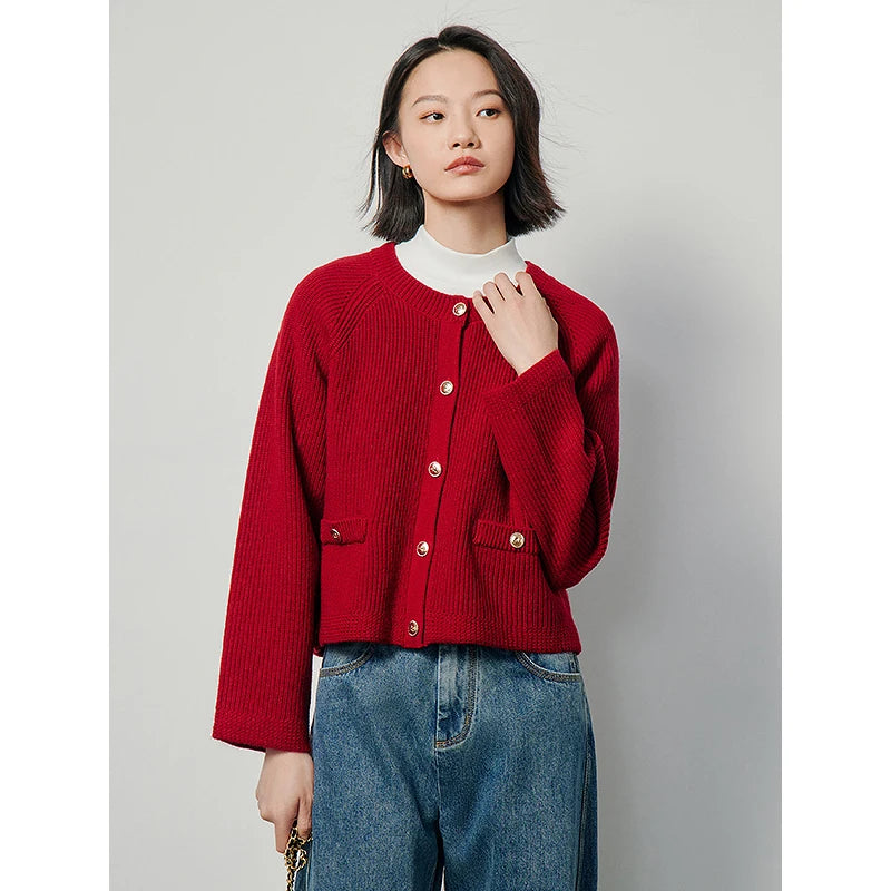 TOYOUTH Women Knitwear Cardigan 2024 Spring O neck Button Closed Solid Color Casual Red Sweater Tops As Gift