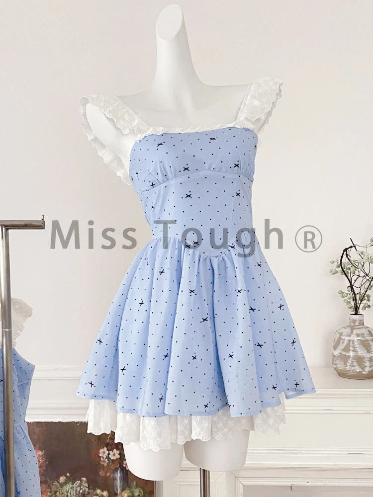 2024 Korean Fashion Sweet Party Mini Dress Women Casual Chic Strap Floral Dress Female Y2k Sleeveless Bow Kawaii Dress Summer