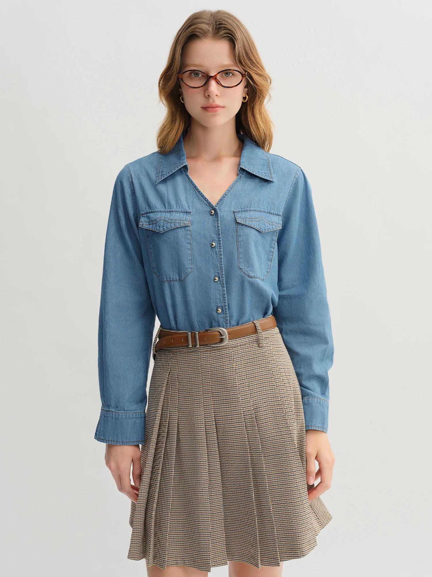 DUSHU Plus Size Double Collar Design Denim Shirt For Women 2025 New Arrival Autumn French Style Top