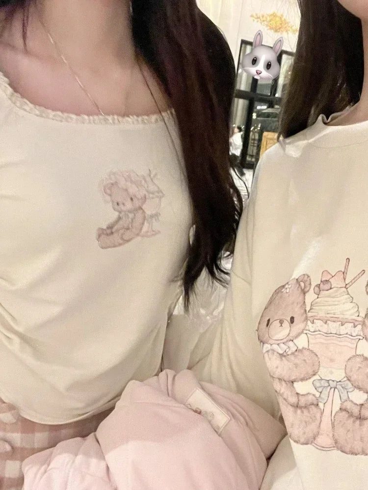 HOUZHOU Kawaii Sweet Harajuku T Shirts Women Japanese Fashion Cartoon Print Lace Patchwork Slim Tees Tops Soft Gril Summer 2024