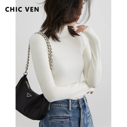 CHIC VEN Women T-shirt New Solid Woman Tees Undershirt Slim Fit Female Tops Office Ladies Clothing Spring Autumn 2023