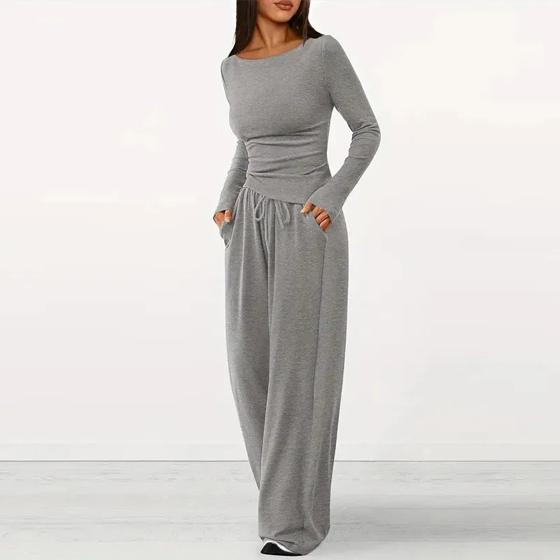 Women Two Piece Sets Pajama Set Sexy V-neck Long Sleeve Shirts Loose High Waist Wide Leg Pant Sets Lady Sleepwear Tracksuits
