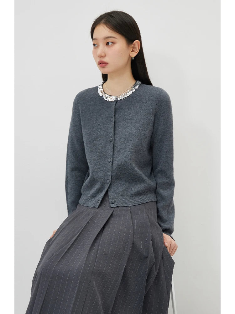 ZIQIAO Office Lady Sequin Gray Knitted Cardigan For Women's Spring 2024 New Commute Gray Style Women Top 24ZQ91118