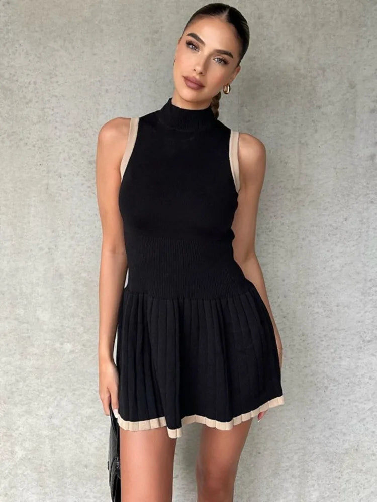 Mozision Half High Collar Sleeveless Sexy Mini Dress For Women Fashion Autumn New Solid A-line High Waist Bodycon Tank Dress