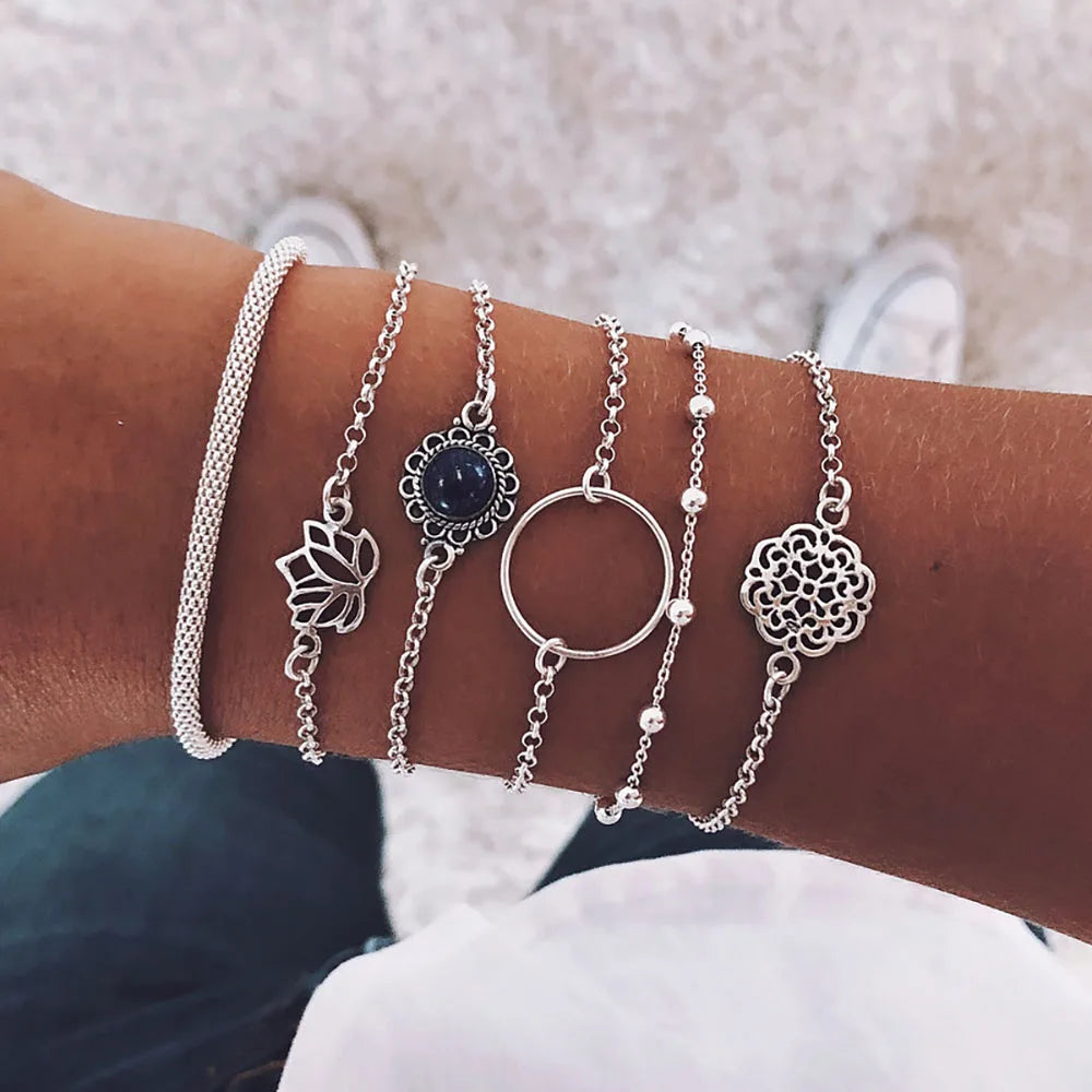 IPARAM Women's Vintage Multilayer Bracelet Set Bohemian Charm Heart Lotus Bracelet Charm Geometric Crystal Beaded Fashion