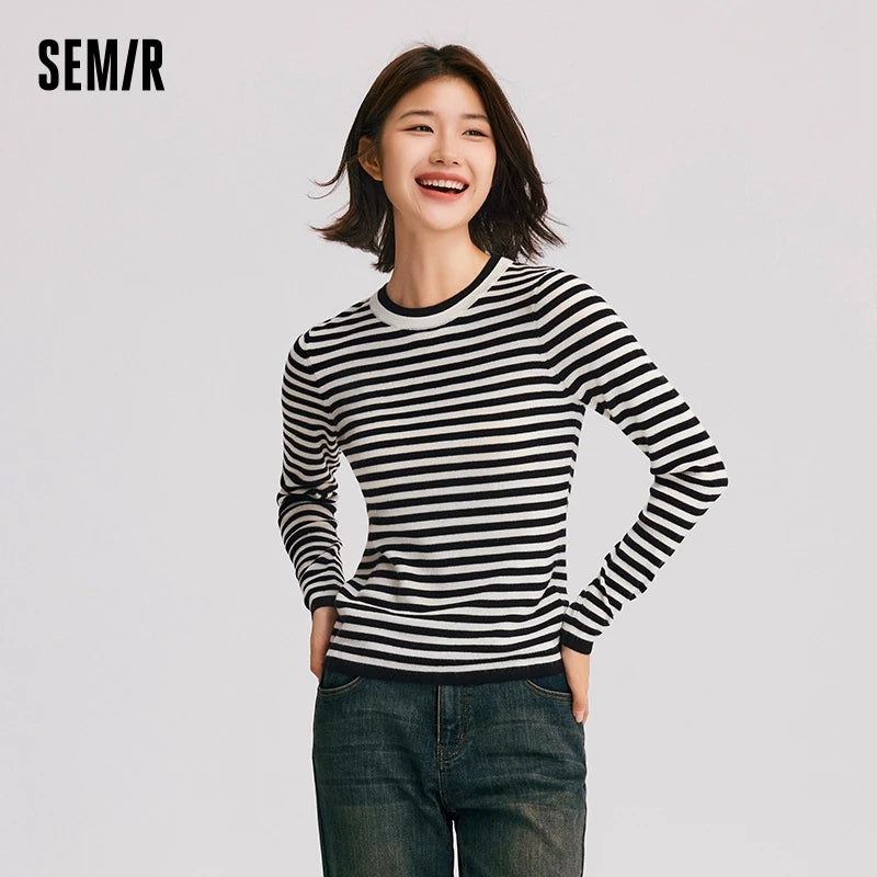 Semir Knitted Sweater Women Contrast ColorInner Wear Simple Winter 2024 New Wool-Containing Slim Fit Pullover Sweater