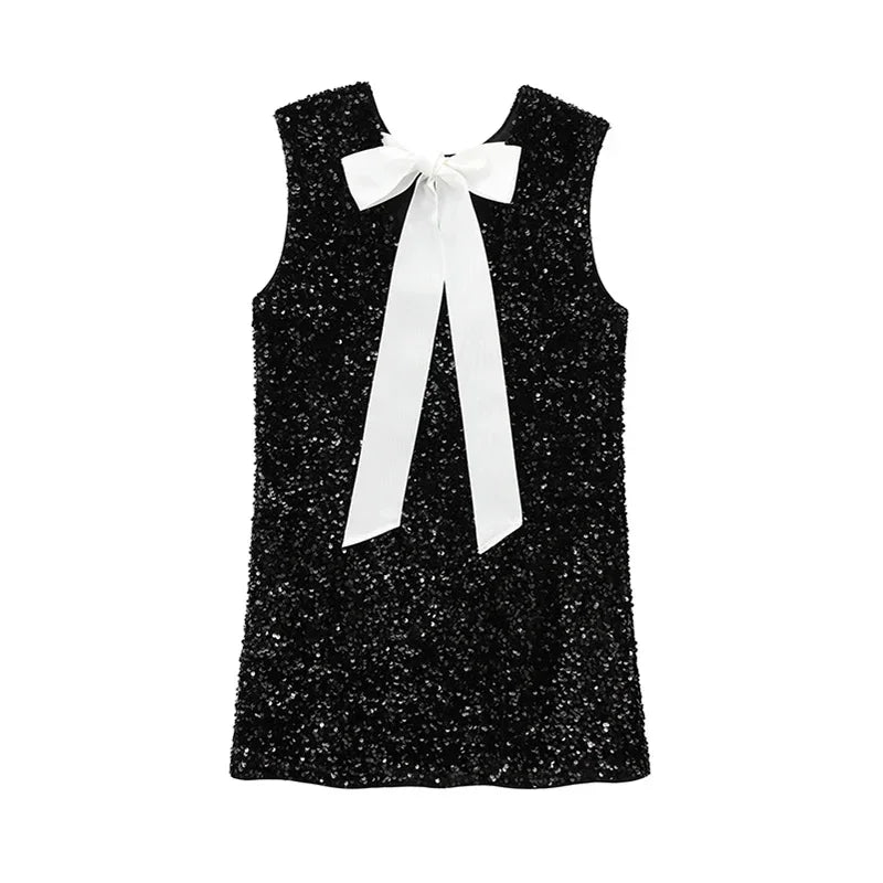 Fashion Back Bow Sequin Mini Dress For Women Shining Chic Sleeveless O-neck Evening Party Dresses New In Lady Christmas Vestidos