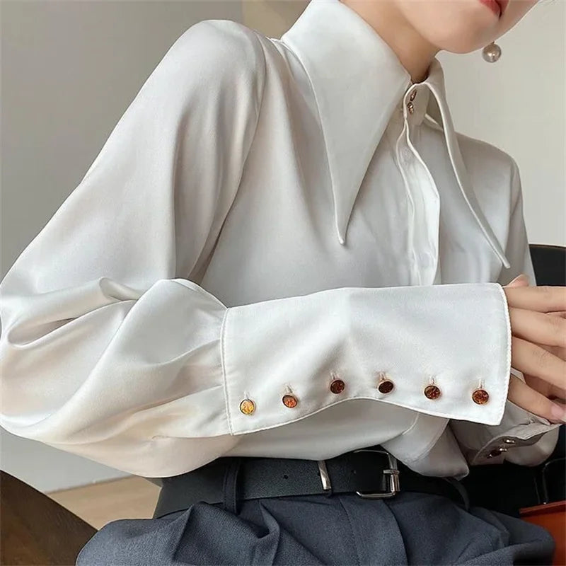 Streetwear Design Satin Shirts Blouses Women Korean Smooth Pointed Collar Camisas Casual Chic Office Tops New Long Sleeve Blusas
