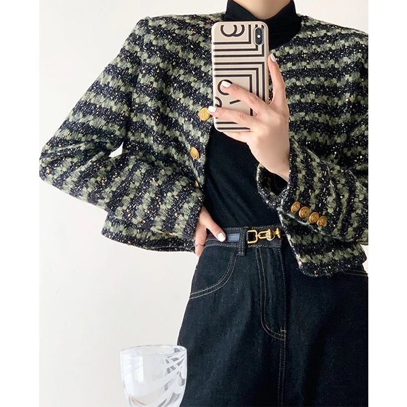 MEXZT Vintage Tweed Jacket Women Elegant Cropped Quilted Coat Winter Thicken Short Blazer Ladies Korean Chic Suit Outerwear New