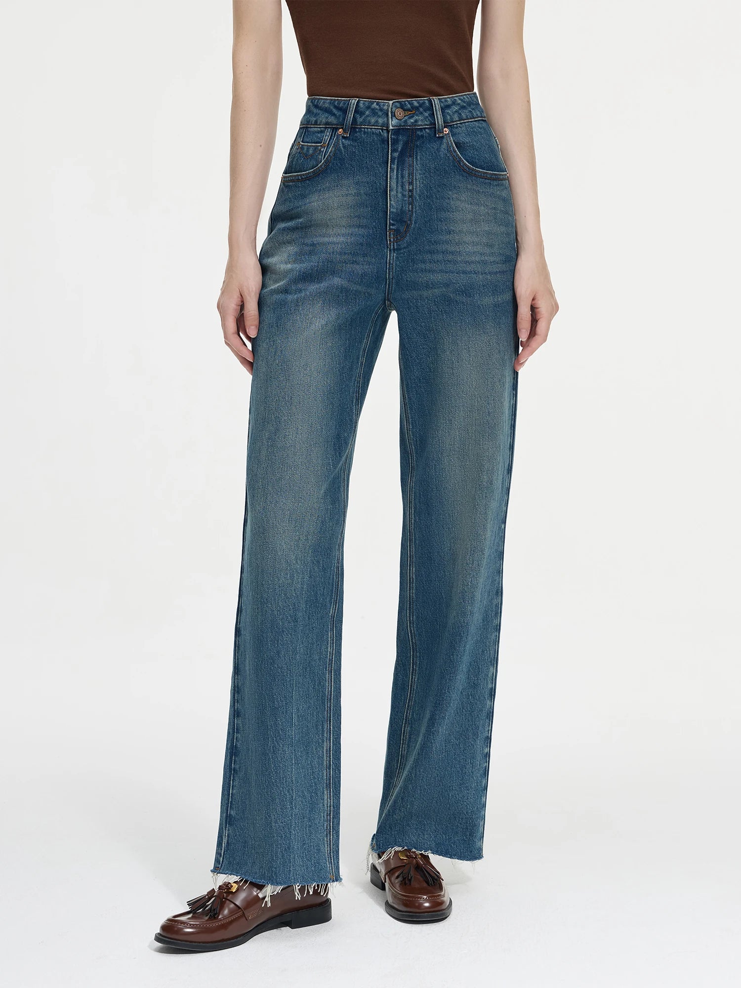 FSLE Office Lady Retro Fringed Mid Rise Straight Leg Mop Jeans 2024 Winter New Versatile Women Casual Loose Pants 24FS14298