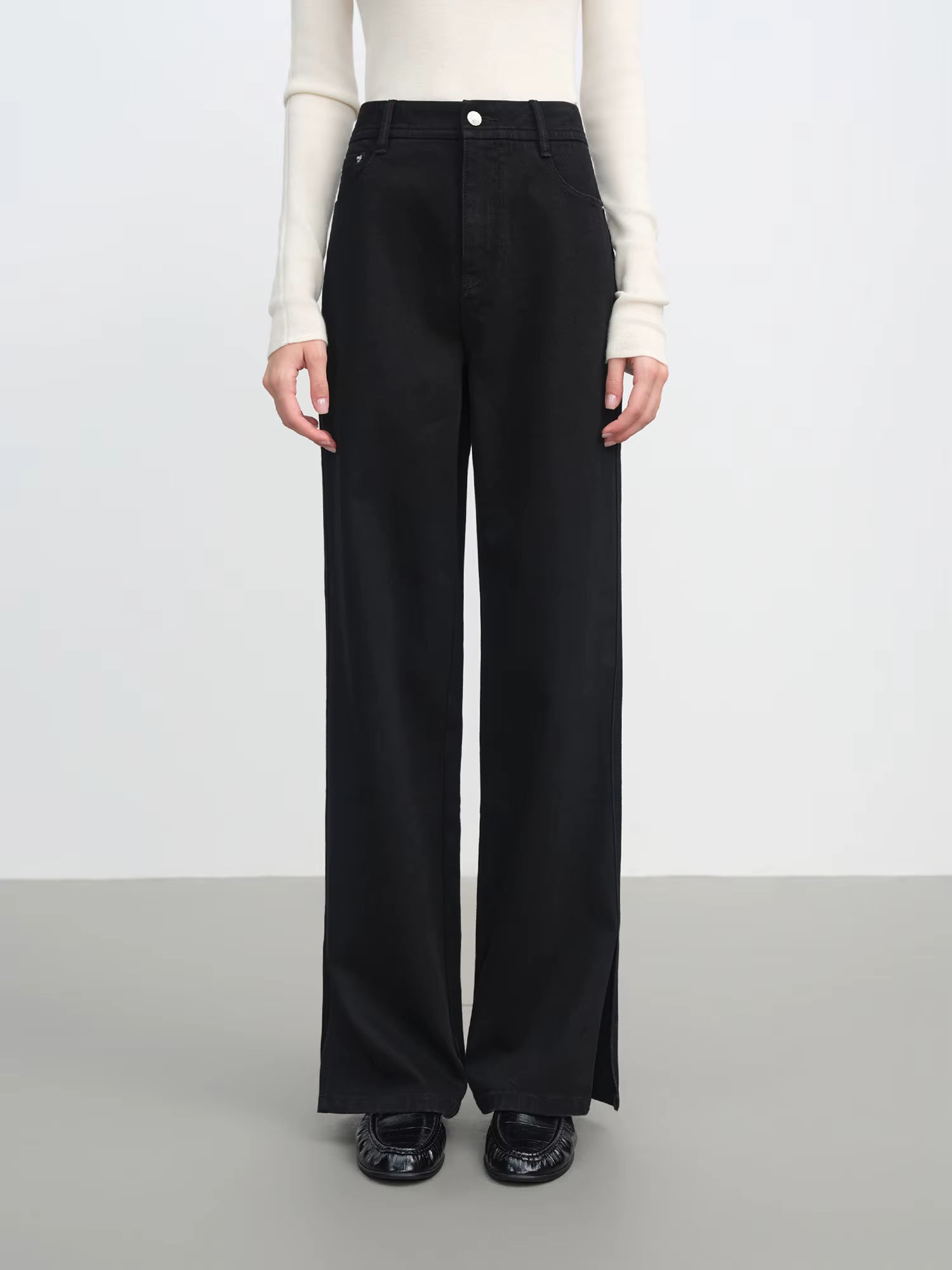High-Waisted Black Wide-Leg Jeans with Slit Detail, Women's Fashion Casual Stretch Denim Trousers