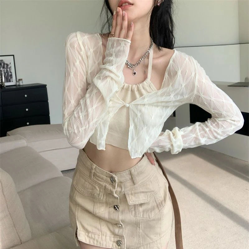 2024 Summer Cardigans Women Korean Style V-neck Solid Color Long Sleeve Slim Versatile Office Lady Short Chiffon Blouse Female