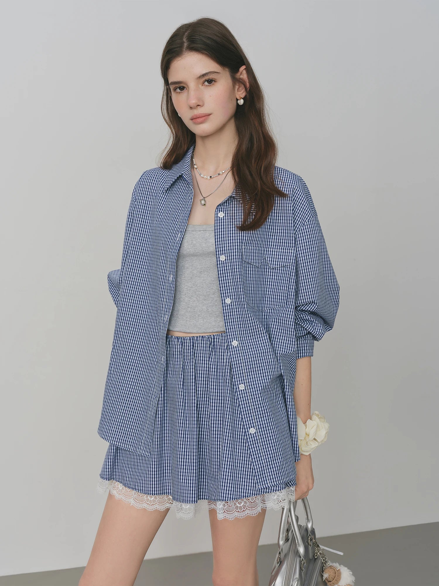 FSLE Blue Plaid Shirt Skirt Set For Women 2025 Autumn New Arrival Long-sleeved Lace Chic Blouse Y2K Skirt