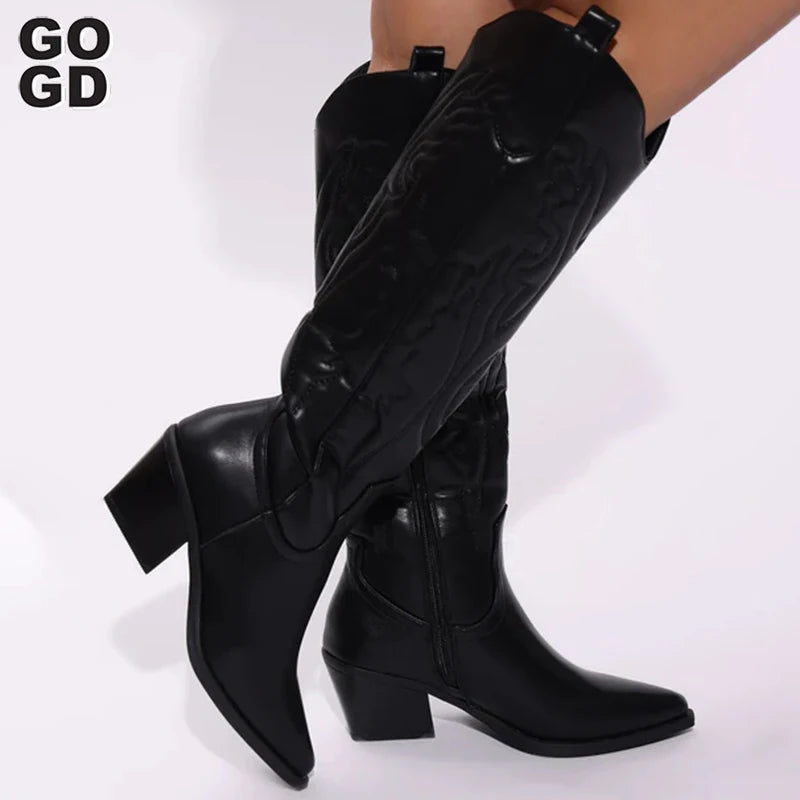GOGD Retro Autumn Winter White Knee High Boots Big Size 41 Women Comfy Walking Female Western Cowboy Boot For Dropshipping Shoes