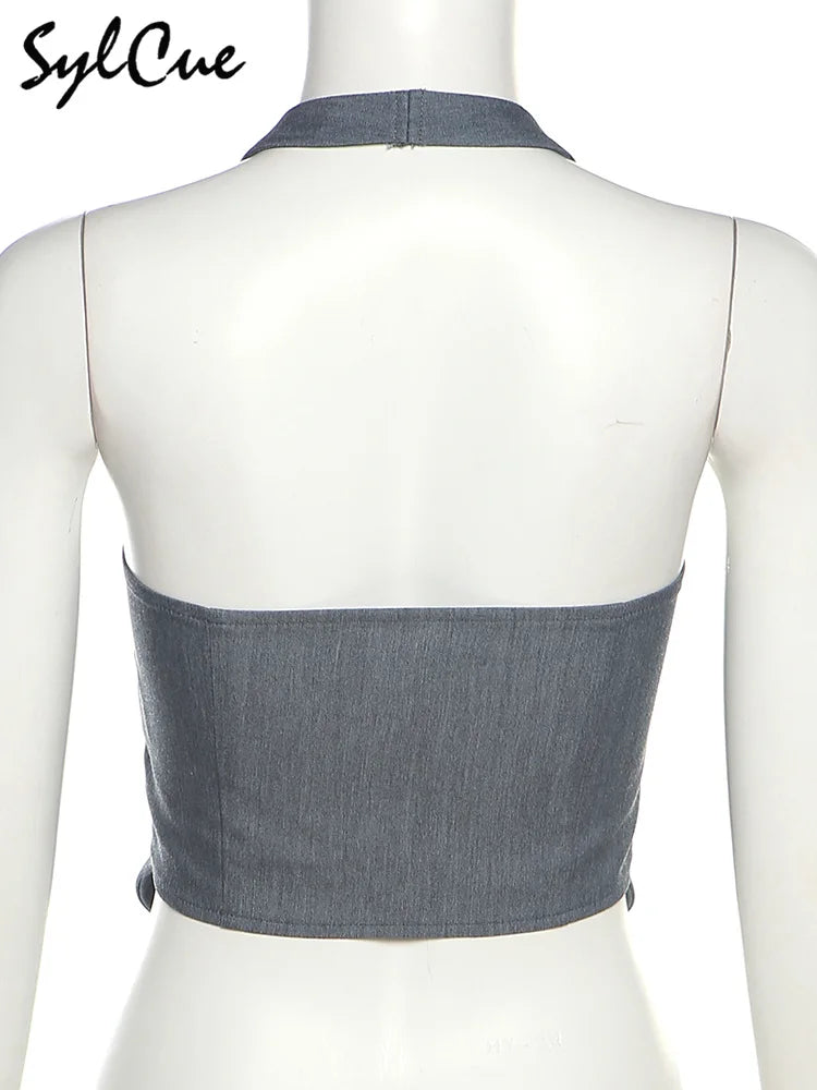 Kpop Sylcue Grey Vintage All-match Confident Mature Sexy Charming Young Girl Summer New Street Cool Women's Button Neck Vest
