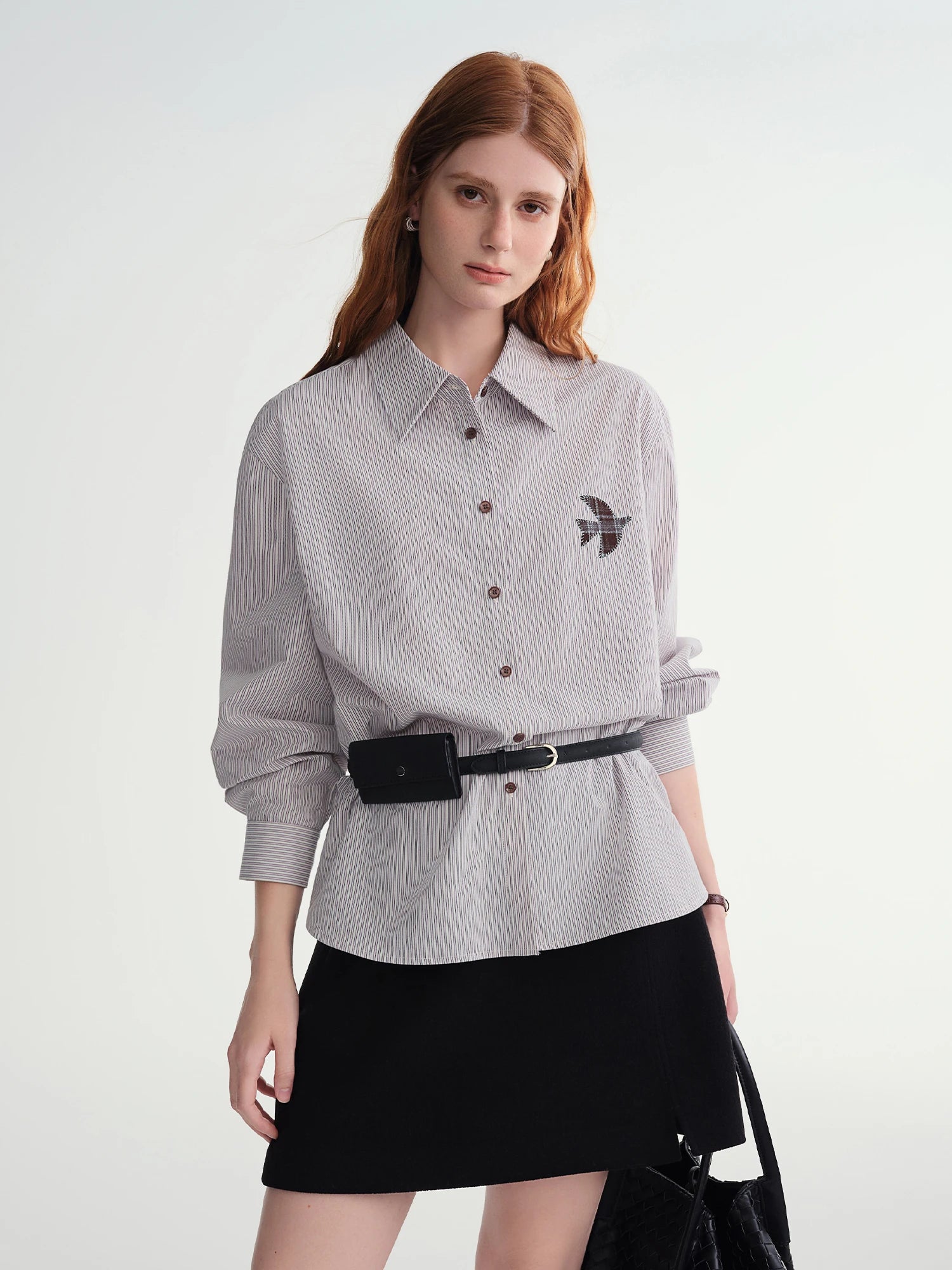 Plus-Size Women Fashion The Birds Artistic Checkered Applique Embroidery Stripe Shirt Winter 2025 Collection Women Shirt