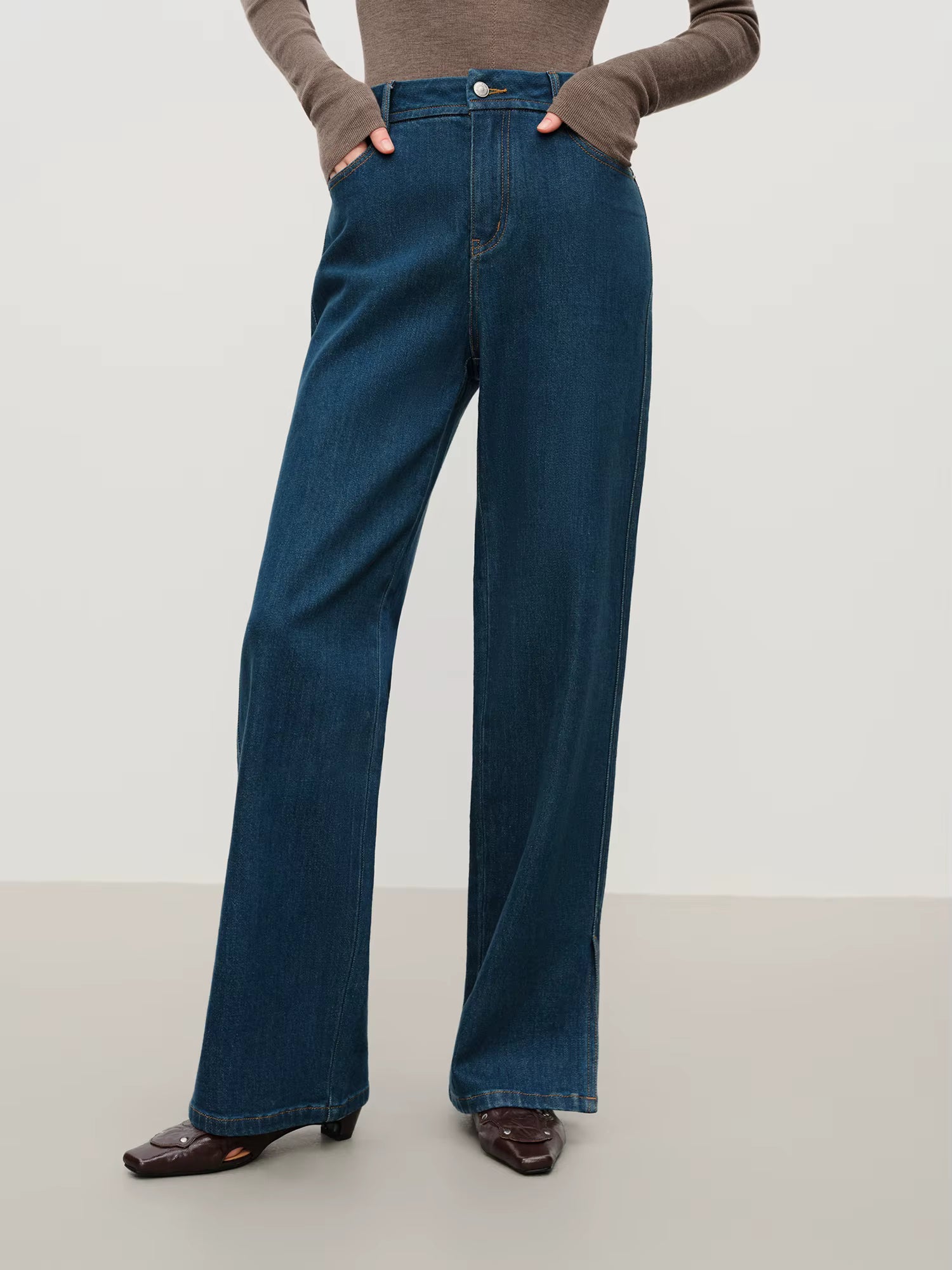 High-Waisted Black Wide-Leg Jeans with Slit Detail, Women's Fashion Casual Stretch Denim Trousers