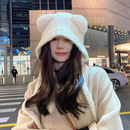 Japanese Retro Balaclava Hat Women Scarf Winter Hat and Neck Cold Proof Warm Knit Cap Female Fashion Color Matching Women's Hats