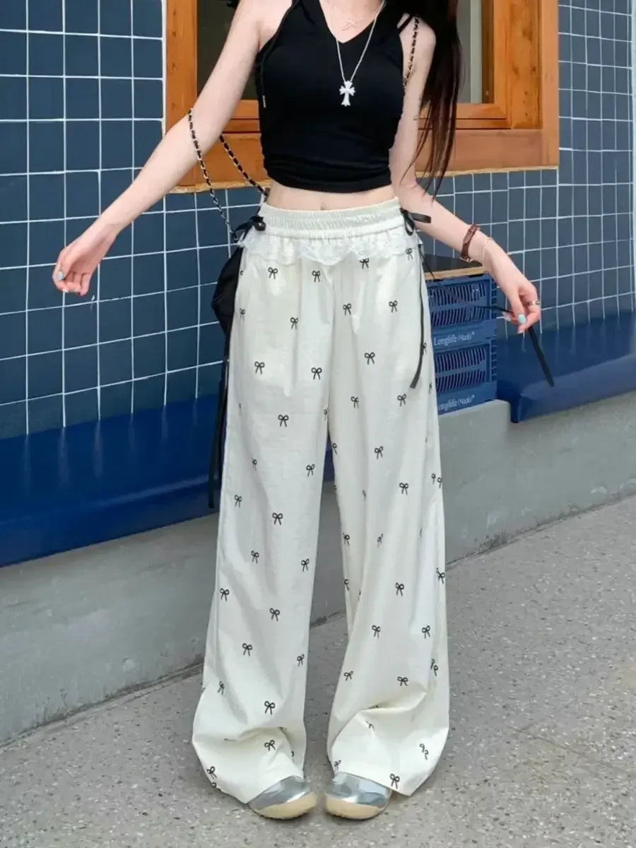 College Chic Cute Bow Knot Full Printed Pants White Lace Patchwork Sweet Ladies Casual Trousers Summer Loose Straight Long Pants