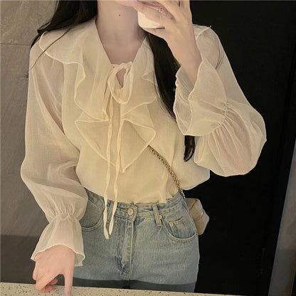 GIDYQ Women Solid Shirt Korean Office Ladies Half Open Collar Pullover Blouse Summer Loose Sweet All Match Chic Female Tops New