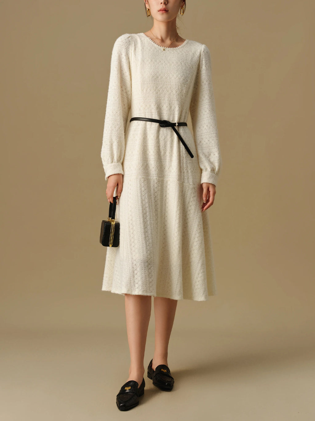 DUSHU Women Winter Lace Dress Long Sleeve Temperament Beige X-LINE Dress Without Sashes Female Gentle Winter Dresses 24DS84430