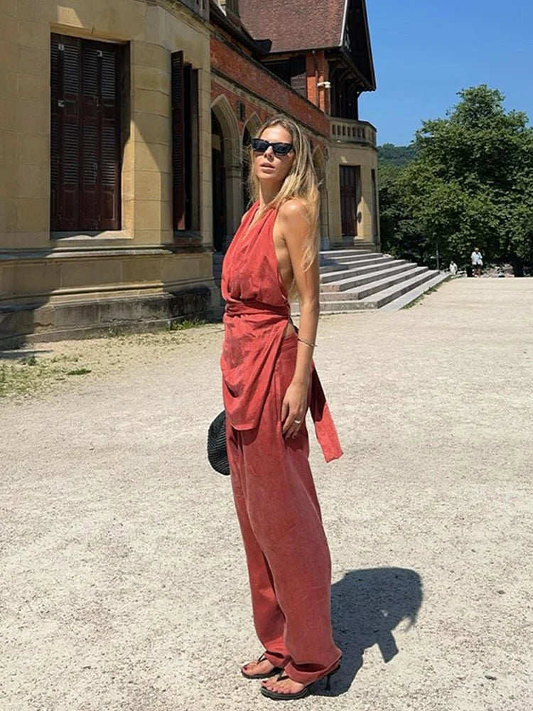 Vintage Halter Backless Top Pants Set for Women Elegant Lace up V-neck Vests Trousers Fashion Casual Solid Color Women‘s Sets