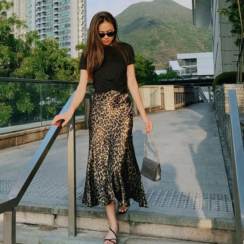 TRAF Leopard Print Women's Midi Skirt High Waist Stylish Long Skirts For Women Fall Vintage Satin Skirt Woman Elegant Skirts